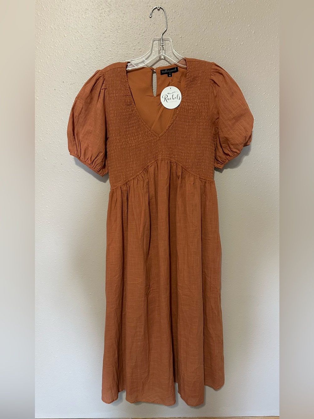 New Wishlist Apparel Rust Orange Long Dress Sz M Boho Puff Sleeve- With Pockets